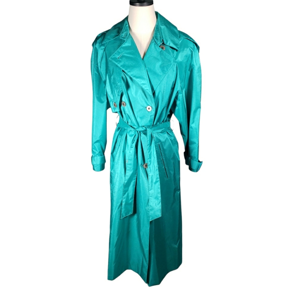 Vtg Rain Trench Coat Big Shoulder Irridescent Teal Grn 80's Spy Iconic Classic